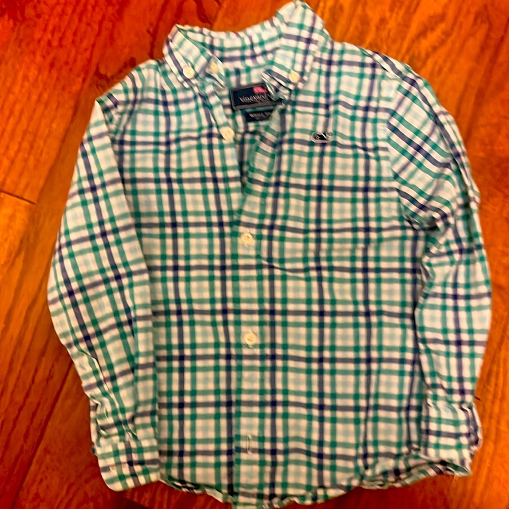 Vineyard Vines boys button down shirt green blue white plaid size 3T